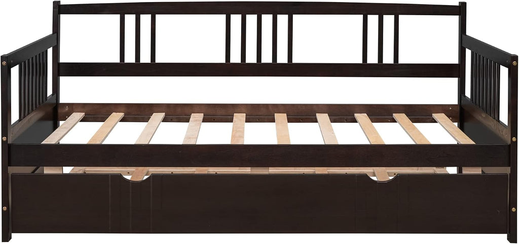 Merax Daybed with Trundle Bed Wooden Slats Support Modern Living Daybed with Rails, Twin Size, Espresso