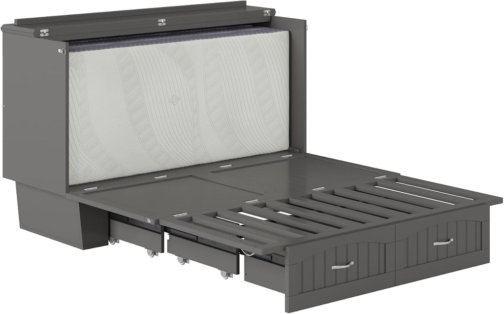 AFI, Nantucket Queen Murphy Bed Chest with Mattress, Storage Drawer and Built-In USB Charger, Grey