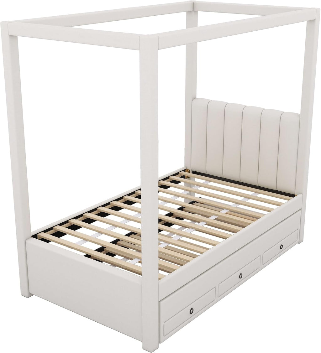 Harper & Bright Designs Twin Size Upholstery Canopy Platform Bed Frame for Boys Girls Kids Adults Toddler with Trundle and Three Storage Drawers, Beige