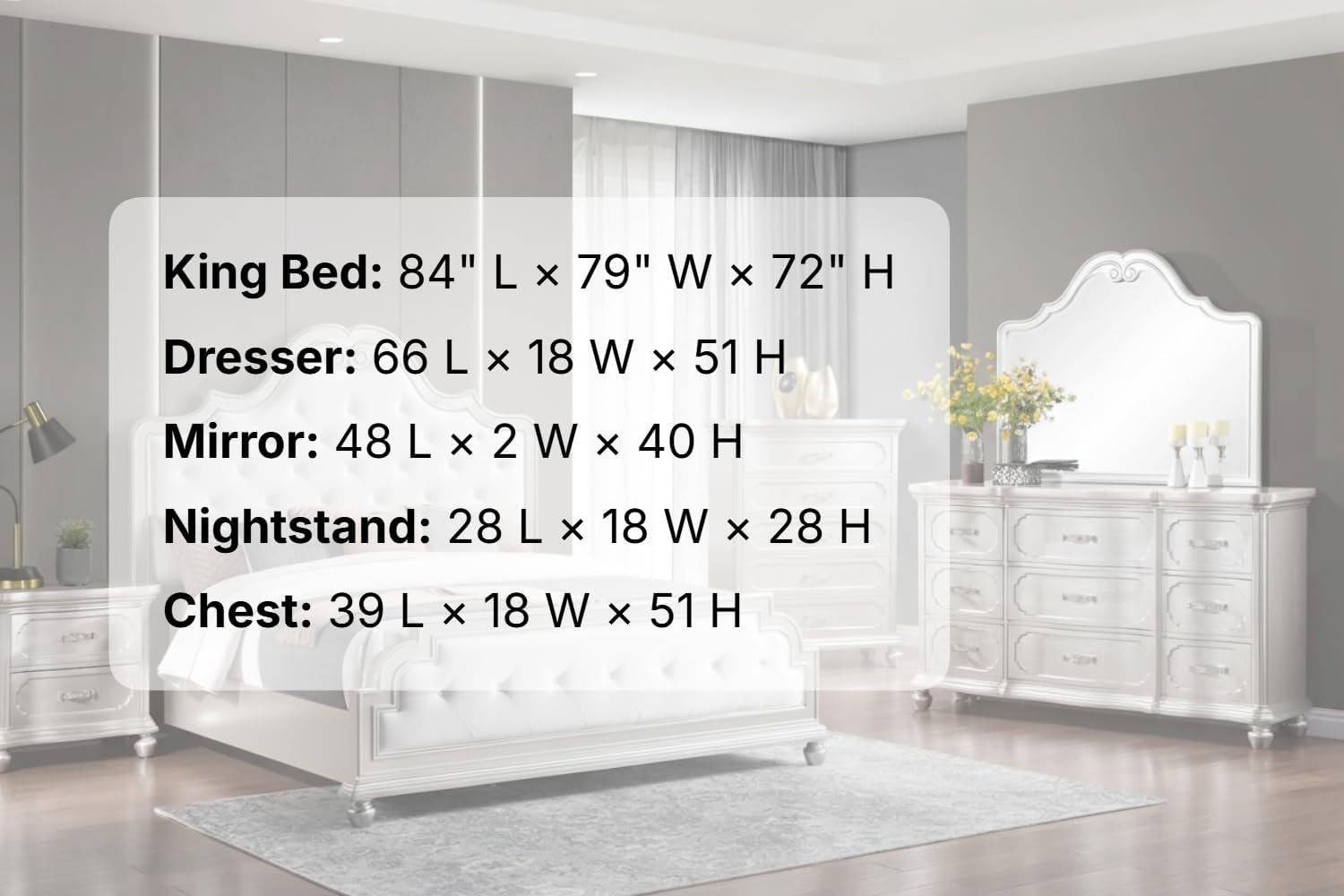 First of a Kind Roma Silver Finish Traditional 5 Piece King Bedroom Set with Upholstered Tufted Headboard Classic European Style Coordinated Furniture Collection