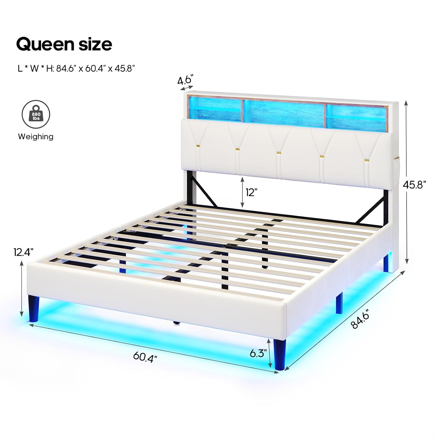 HAUOMS Queen Bed Frame with Storage Headboard and RGB LED Lights, Velet Upholstered Platform Bed Frame Queen Size with Type-C & USB Charging Station, Stable Easy Assembly,Creamy White