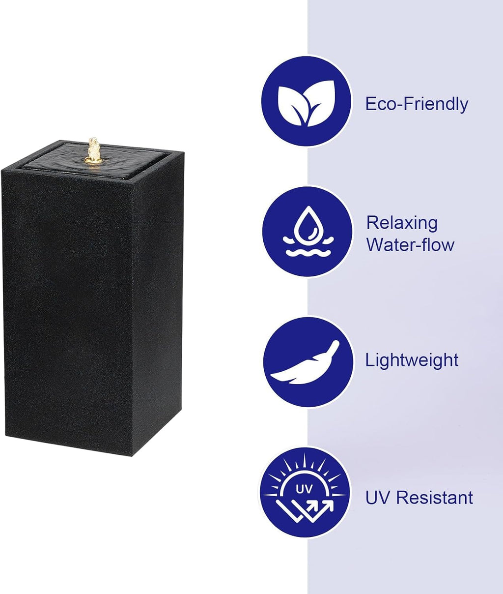 25.98' H Outdoor Water Fountain Made with Eco-Friendly Recyclable Materials, Polyethylene Square Bubbler Outdoor Fountain, Garden Decor with LED Light for Patio, Porch, Backyard (25.98')
