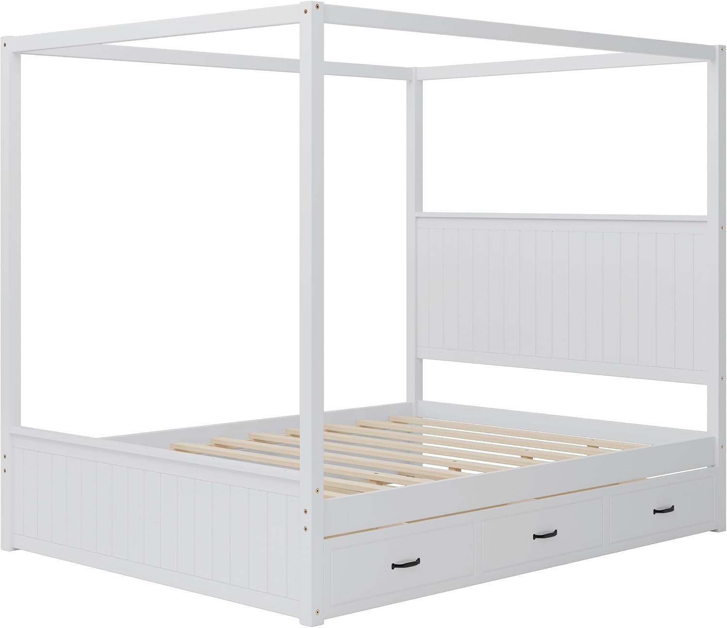 Queen Size Canopy Bed with Trundle and Three Storage Drawers, 4-Post Wood Bed Frame with Headboard, No Box Spring Needed (White)