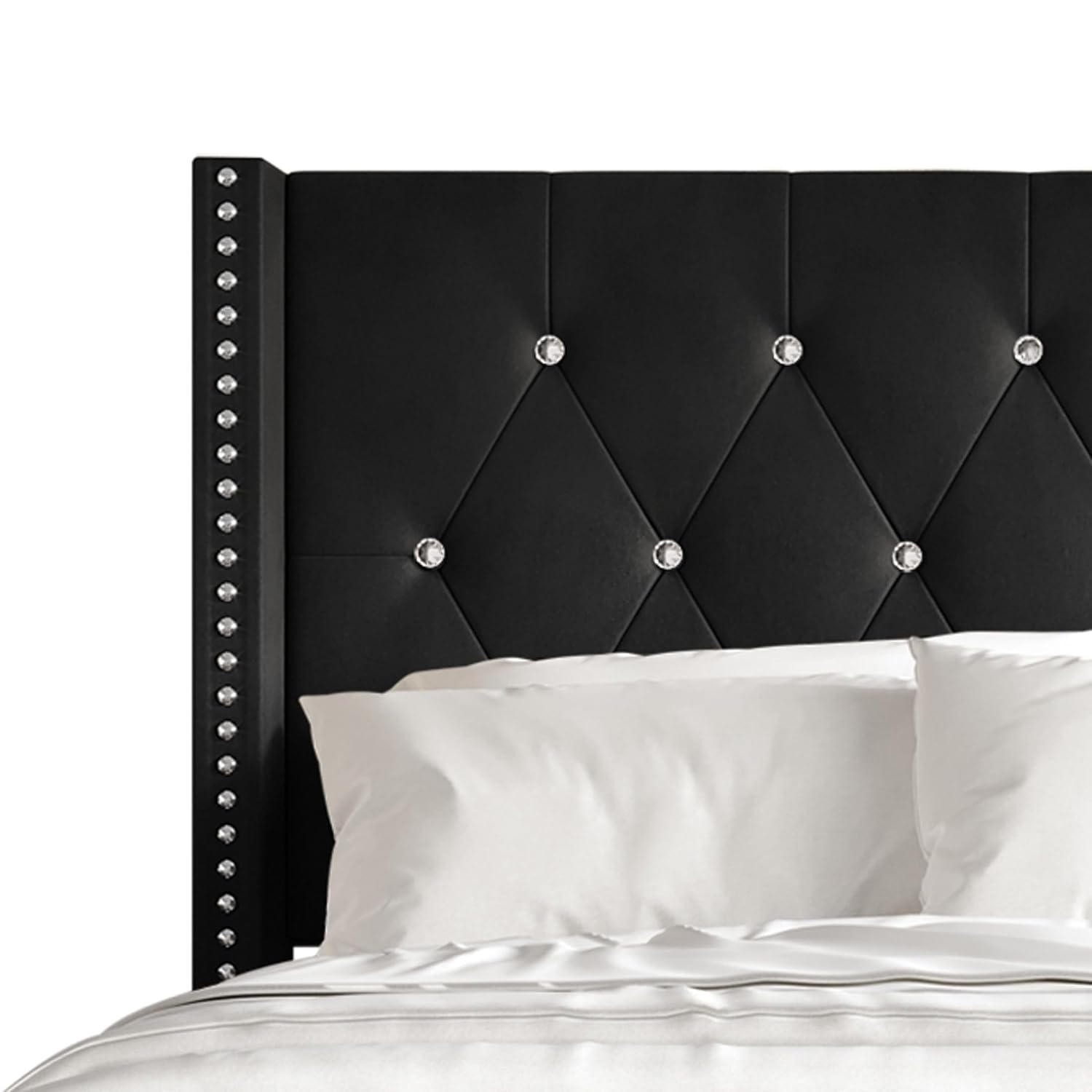 Queen Button Tufted Wingback Velvet Upholstered Bed, Black