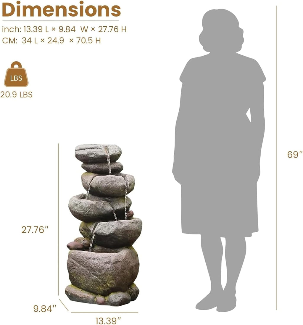 Bumilgar 27.8' H Outdoor Water Fountain with LED Lights, 5-Tier Cascading Stone Waterfall Fountain, Natural Rock Resin Outdoor Water Fountain for Garden Patio Backyard Porch Indoor Decor