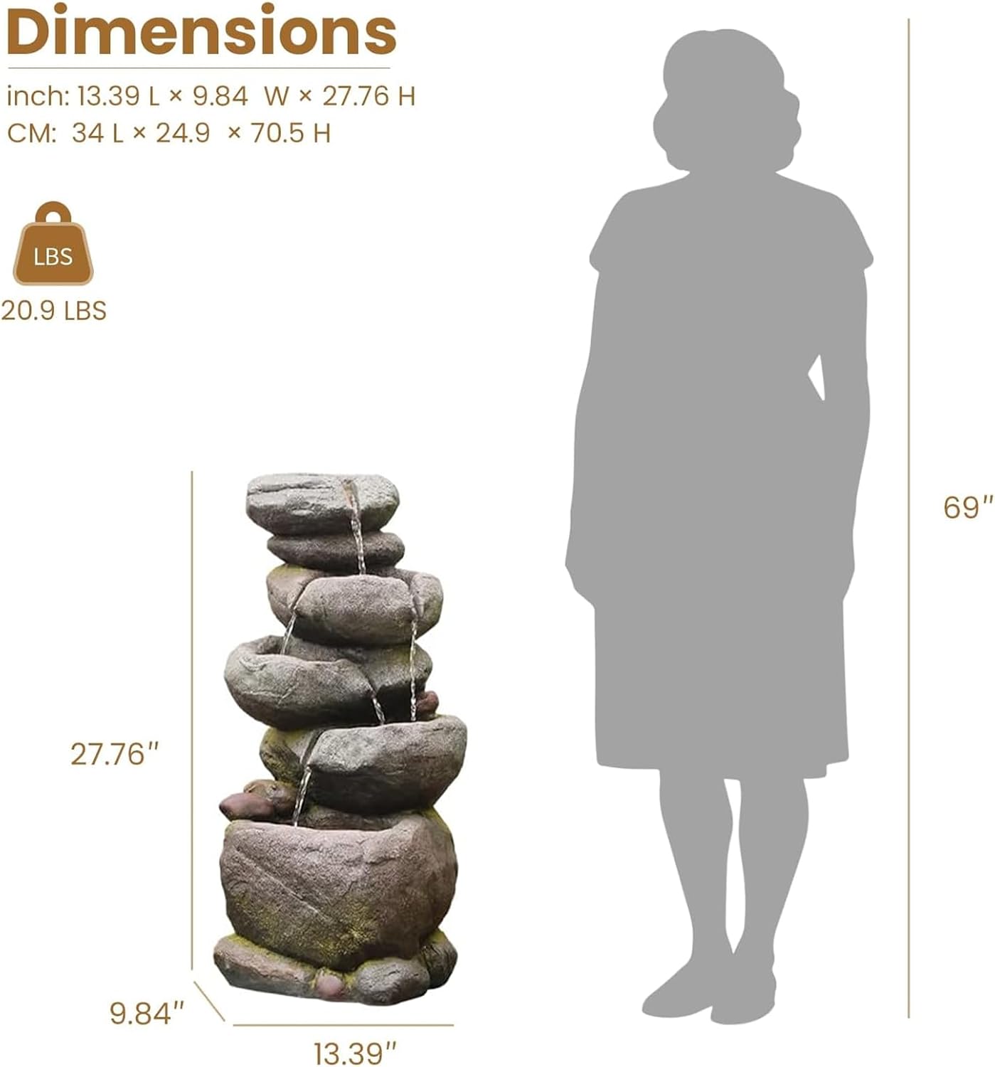 Bumilgar 27.8' H Outdoor Water Fountain with LED Lights, 5-Tier Cascading Stone Waterfall Fountain, Natural Rock Resin Outdoor Water Fountain for Garden Patio Backyard Porch Indoor Decor
