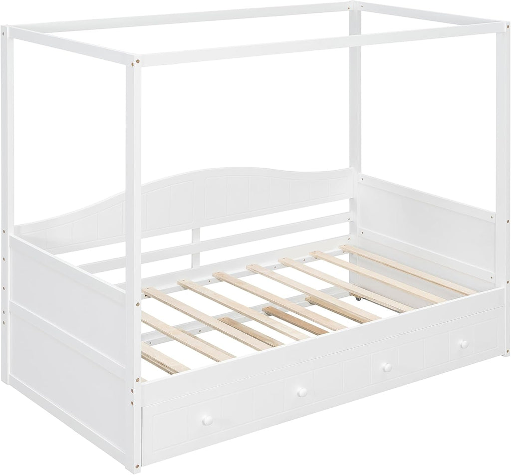 Harper & Bright Designs Twin Size Canopy Day Bed with Twin Size Trundle, White