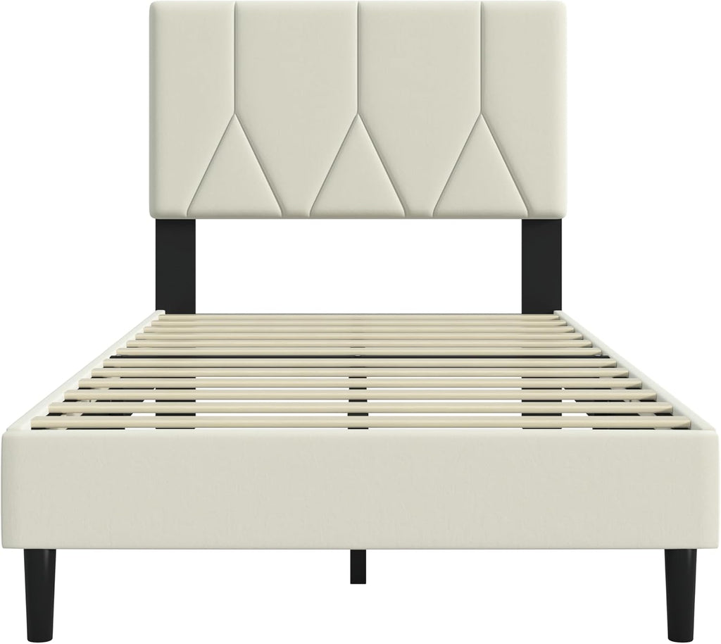 IOILORI Twin Size Bed Frame Platform with Velvet Upholstered Headboard, Sturdy Wooden Slats, No Spring Box, No Noise, Easy to Assemble, Bedframe with Strong Wooden Slats, Beige