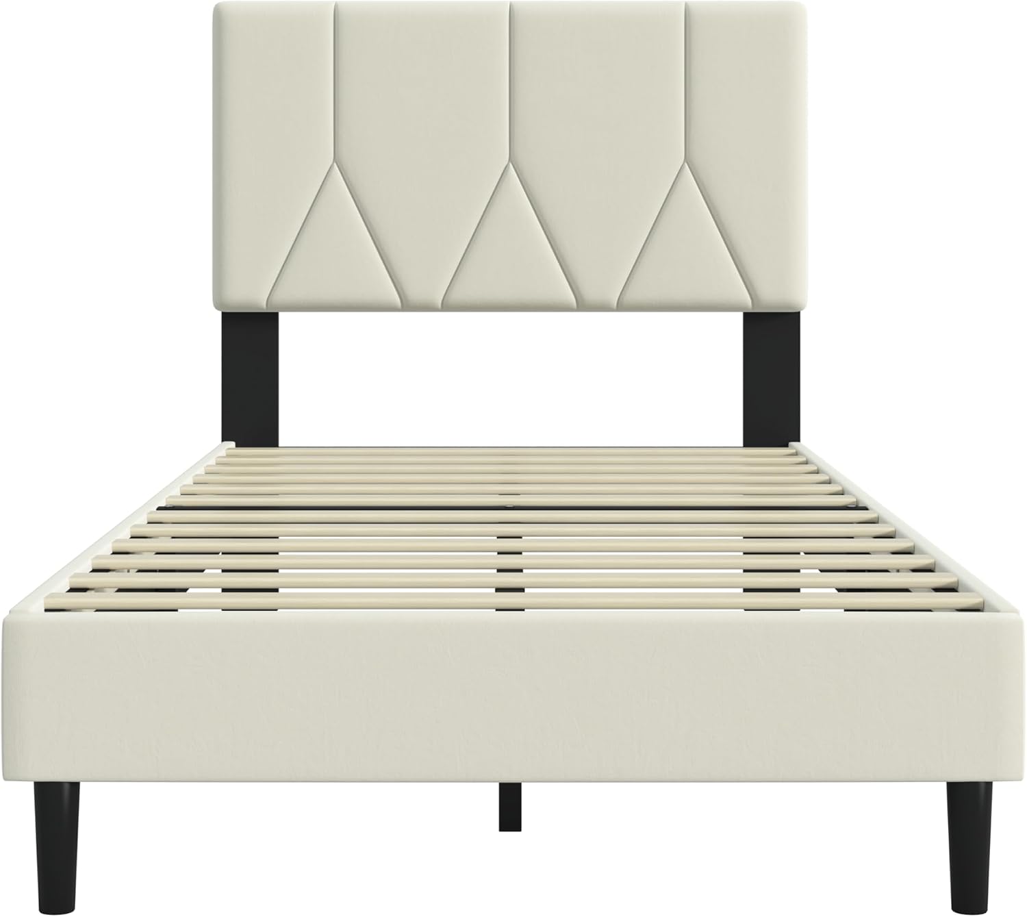 IOILORI Twin Size Bed Frame Platform with Velvet Upholstered Headboard, Sturdy Wooden Slats, No Spring Box, No Noise, Easy to Assemble, Bedframe with Strong Wooden Slats, Beige