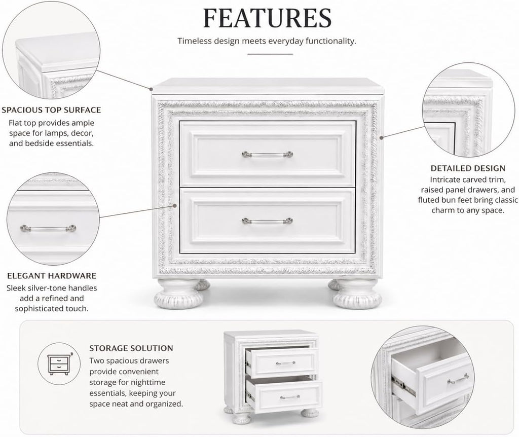 First of a Kind Contemporary Wood Bedside Table Penta Collection Pearl White Finish Modern Structured Design Nightstand Carved Detailing Elegant Coordinated Furniture Piece