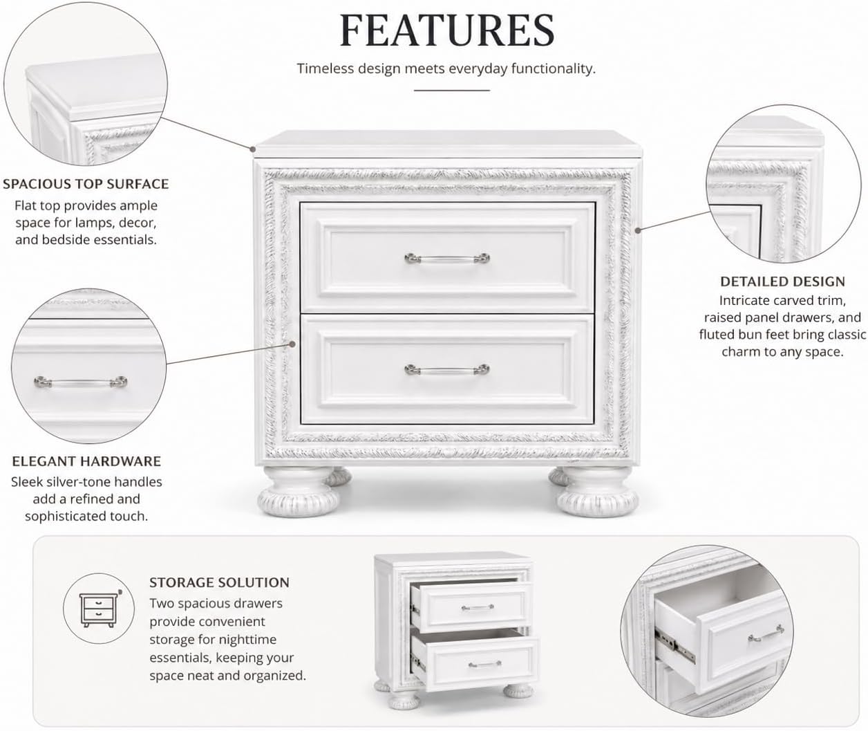 First of a Kind Contemporary Wood Bedside Table Penta Collection Pearl White Finish Modern Structured Design Nightstand Carved Detailing Elegant Coordinated Furniture Piece