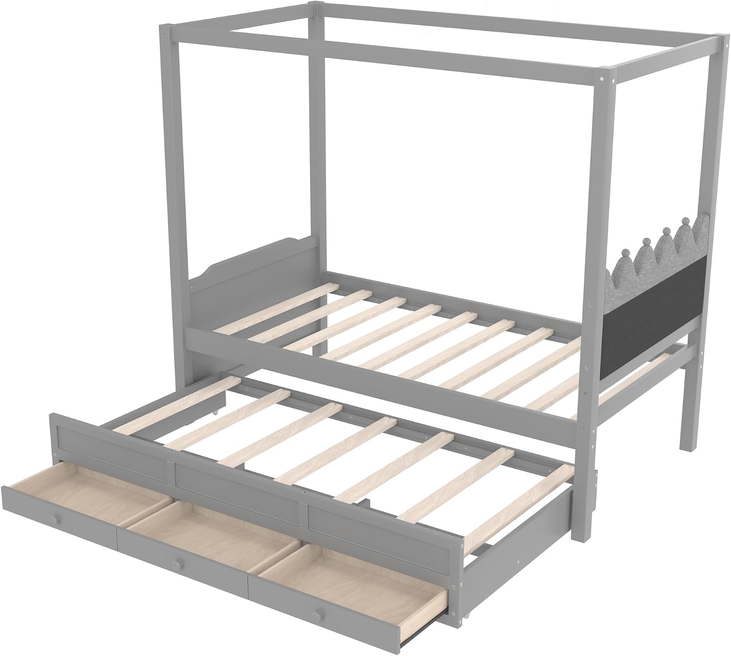 Twin Size Wood Canopy Bed with Upholstered Headboard, Twin Size Trundle and 3 Drawers, No Box Spring Needed (Gray, Twin)