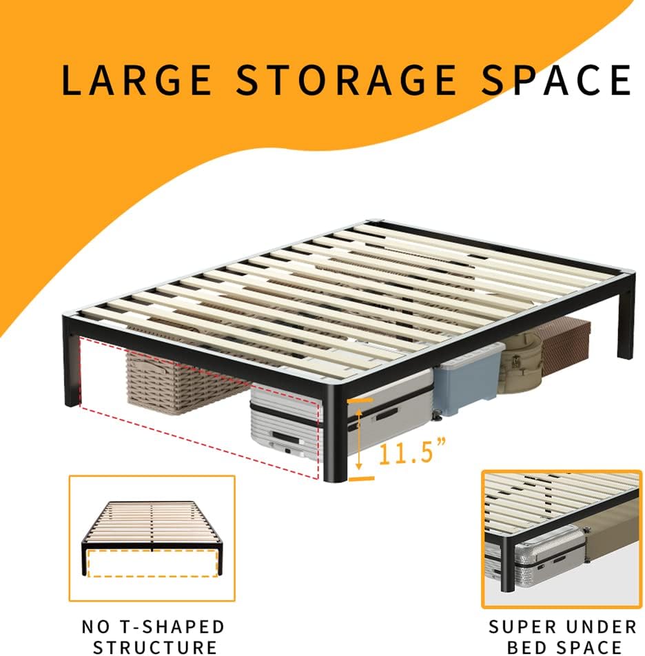MAF 14 Inch Queen Platform Bed Frames with Wooden Slats, Black 3500 Lbs Heavy Duty Metal Bed Frame with Anti-Collision Round Legs, No Box Spring Needed, Easy Assembly