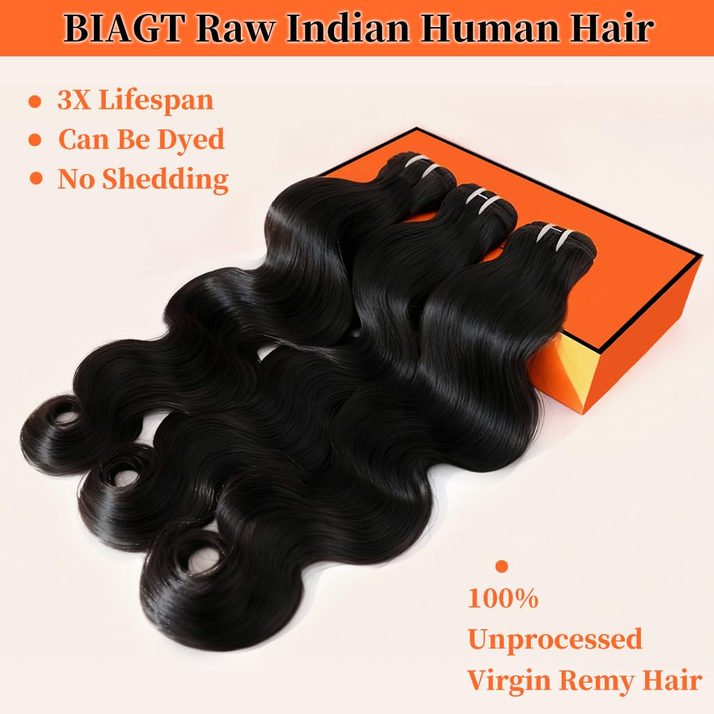16A Raw Indian Bundles Human Hair 14 14 14 Inch Body Wave Bundles 100% Remy Virgin Human Hair 3 Bundles, 2-Year Life Span, Holds The Curls Well, Silky Soft after Mutiple Washes, No Sheds