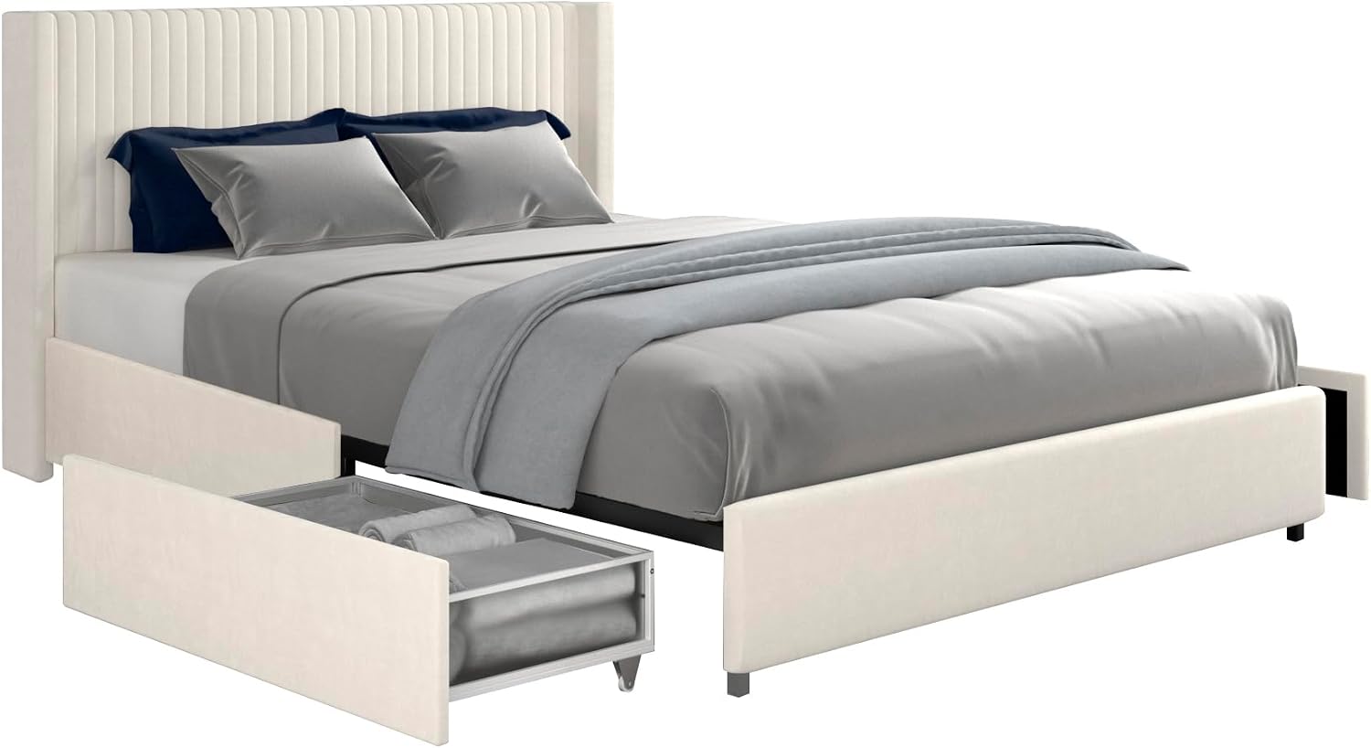Queen Size Storage Bed Frame with 2 Drawers, Ivory Velvet Upholstered Wingback Platform Bed, Vertical Channel Tufted Headboard, Metal Frame Support, No Box Spring Needed | 2 Drawers, Metal Frame Support, No Box Spring Needed, Quick-Setup Tooling