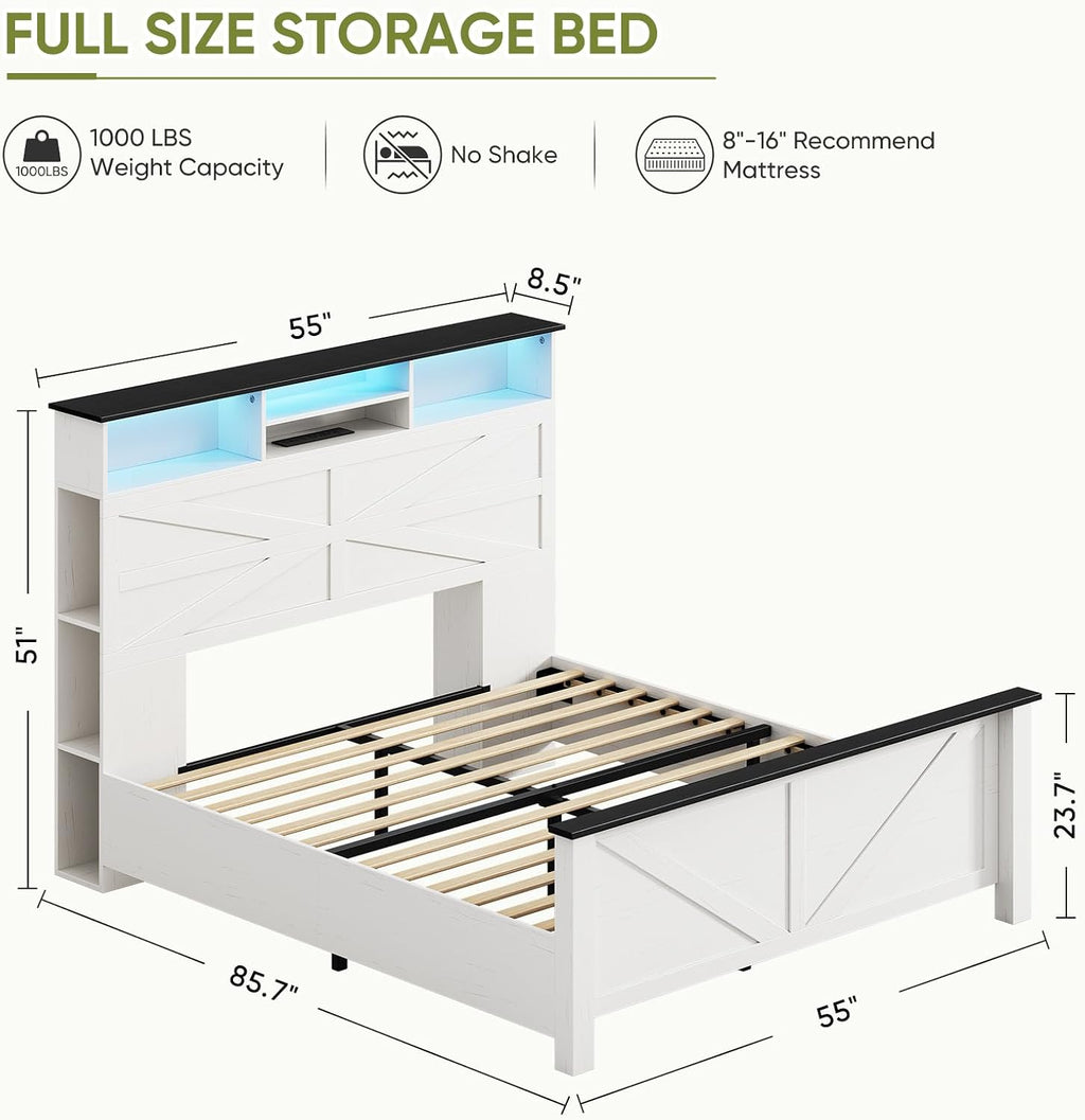 Farmhouse Full Size Bed Frame with 51' Tall Storage Headboard, 3-Tier Bookcase on Both Sides, Wooden Full Bed Frame with Charging Station and LED Lights, Noise Free, No Box Spring Needed, White