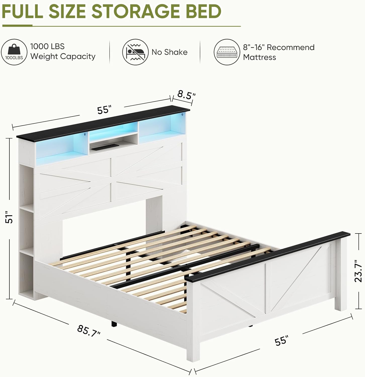 Farmhouse Full Size Bed Frame with 51' Tall Storage Headboard, 3-Tier Bookcase on Both Sides, Wooden Full Bed Frame with Charging Station and LED Lights, Noise Free, No Box Spring Needed, White