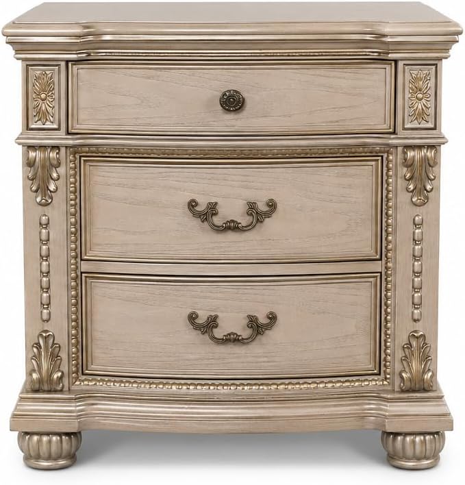 First of a Kind Nightstand Bedroom Furniture Evelyn Champagne Traditional Wood Bedside Table Ornate European Inspired Design Classic Bedroom Nightstand Coordinated Furniture Style