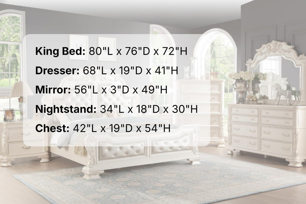 First of a Kind Victoria Off White Traditional 5 Piece King Bedroom Set with Upholstered Tufted Headboard Elegant European Inspired Design Coordinated Furniture Collection