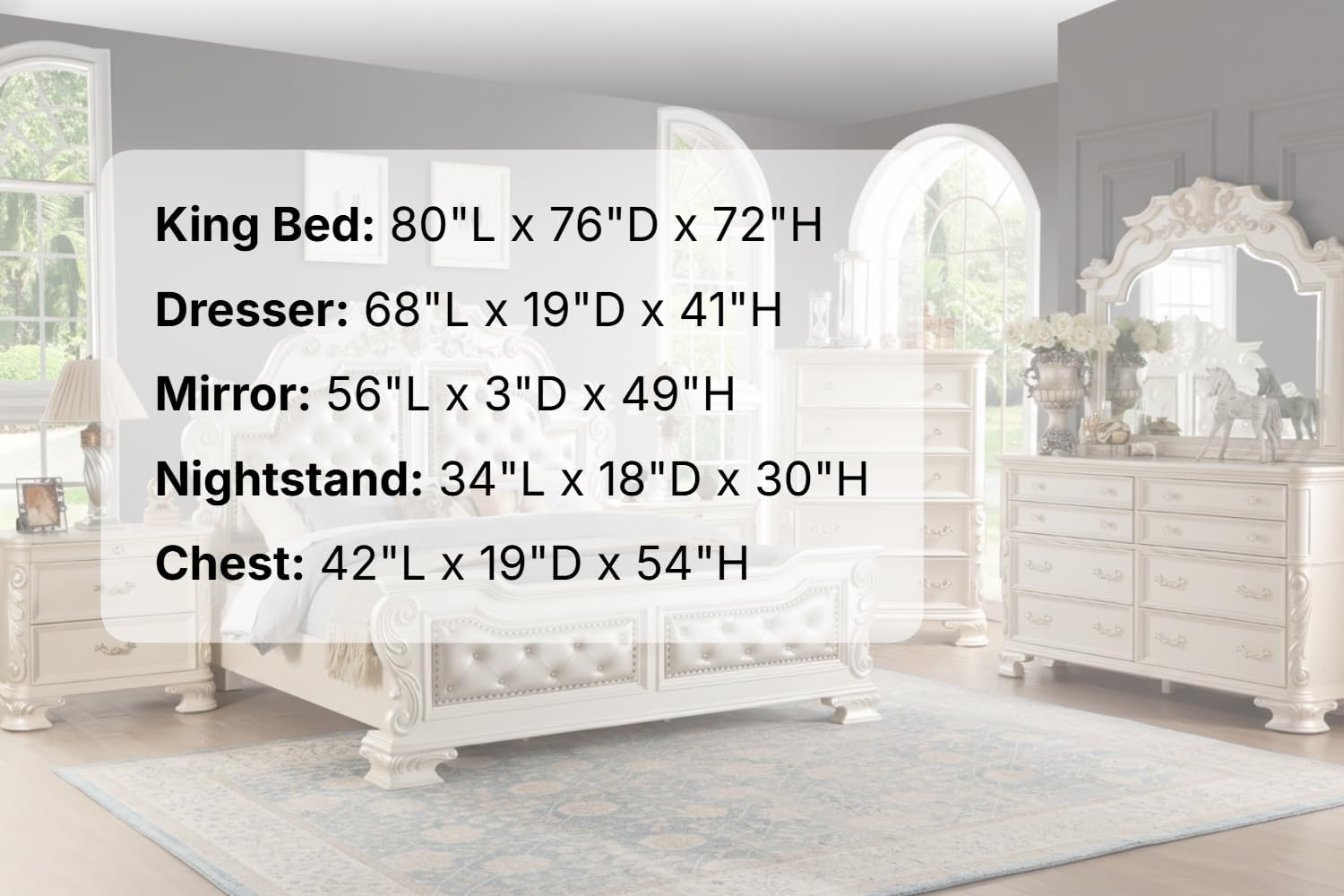 First of a Kind Victoria Off White Traditional 5 Piece King Bedroom Set with Upholstered Tufted Headboard Elegant European Inspired Design Coordinated Furniture Collection