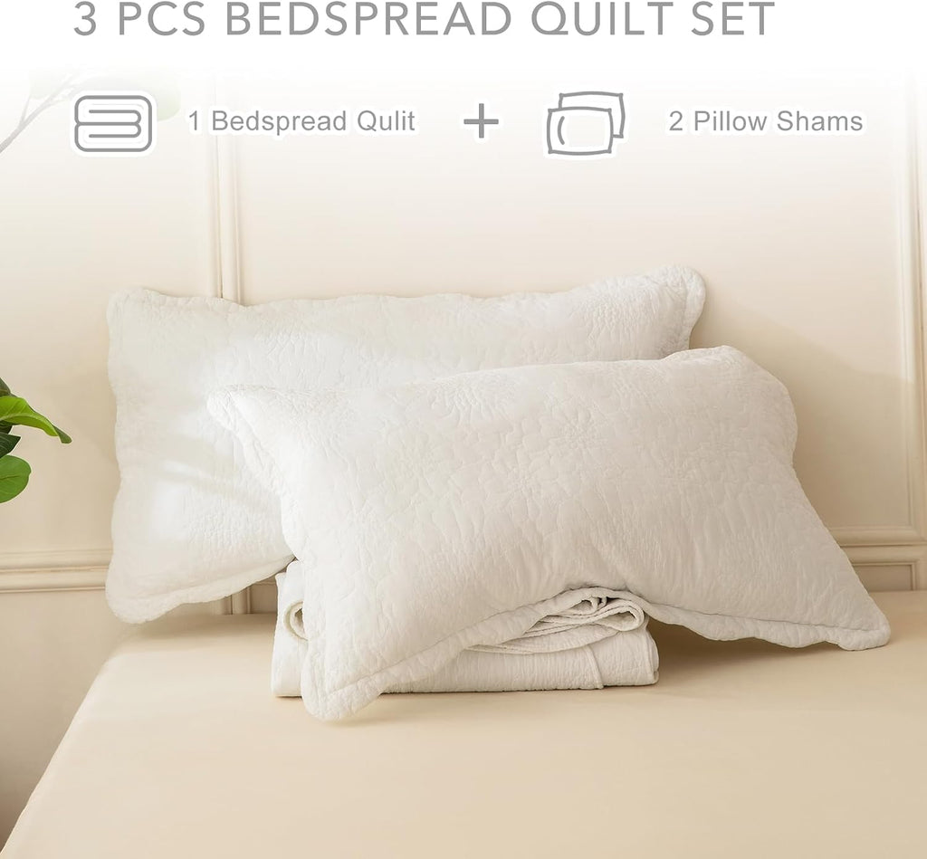 QSH Milk White Stonewashed Cotton Oversized King Bedspread (128'x120'),3PCs Farmhouse Rustic Wave Pattern Quilt California King, Soft Lightweight Crinkled Quilt Coverlet Bedding with Pillow Shams