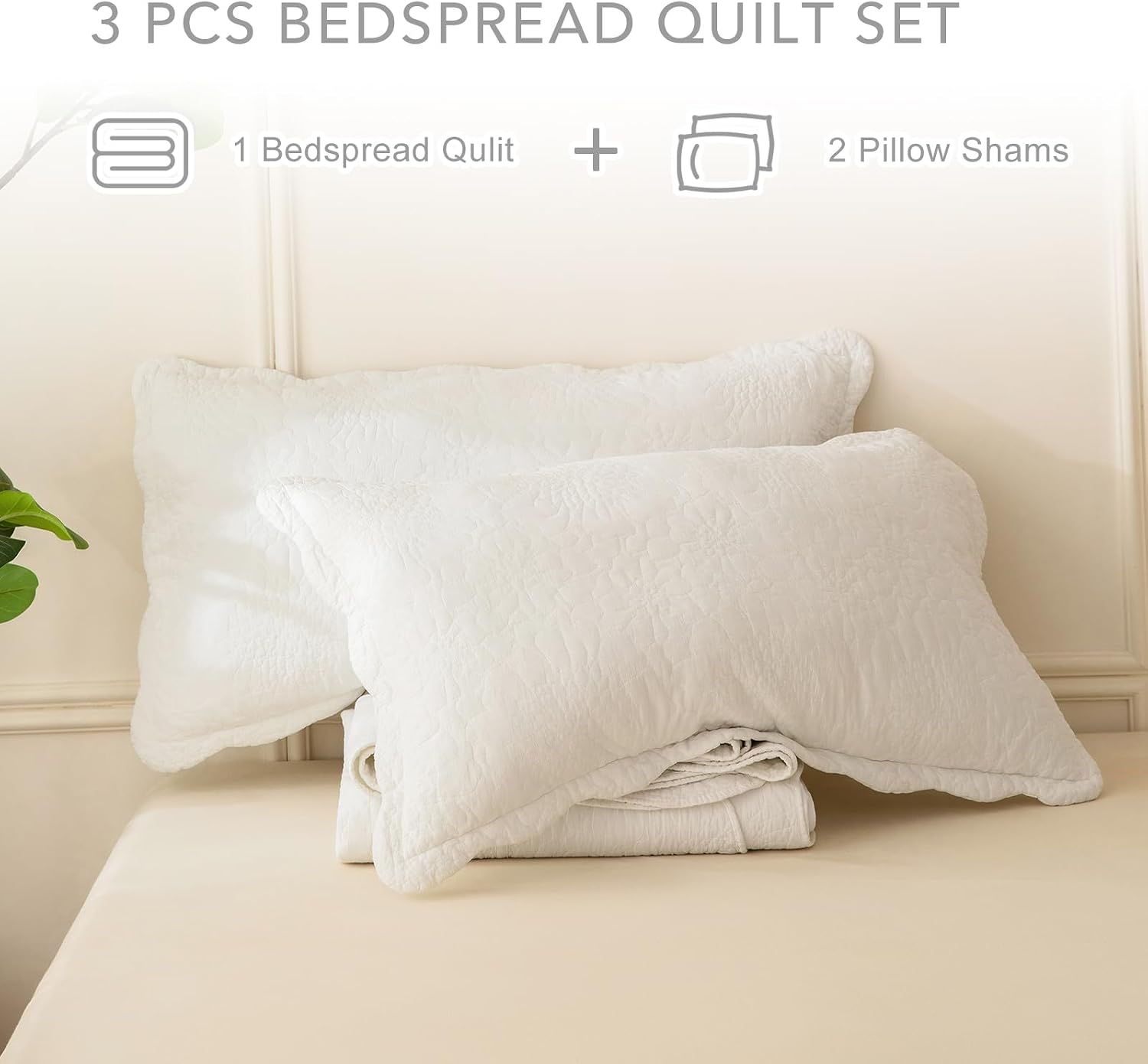 QSH 3PCs Milk White Oversized King Quilt (120'x120'),Stonewashed Cotton Bedspread California King,Ultra Soft Lightweight Crinkled Wave Pattern Bedspread Coverlet Rustic Bedding Set for All Seasons
