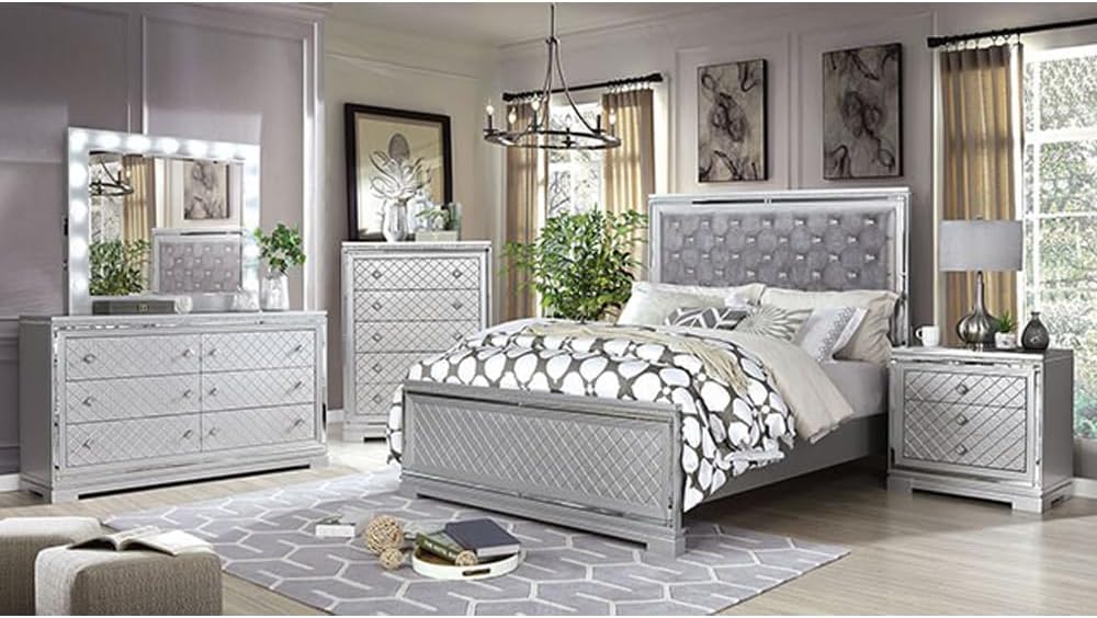simple relax 5 Piece Queen Size Bedroom Set, Silver