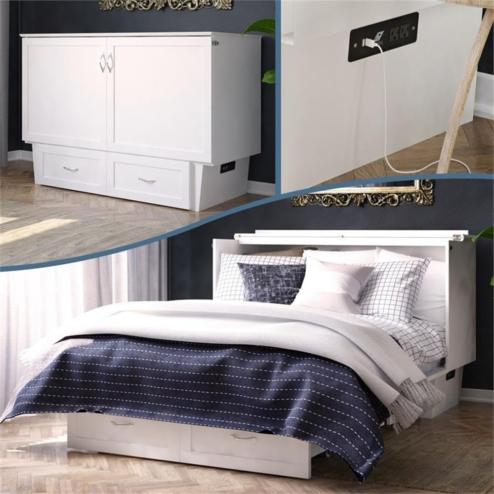 AFI Monroe Queen Size Murphy Bed Chest with Mattress, Storage, & Built-in Charger in White