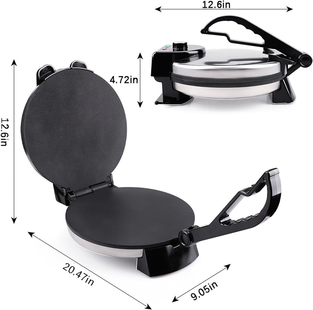 Electric Roti Maker– Non-Stick Chapati Press with Adjustable Temperature, Double-Sided Heating, Anti-Scald Handle & Indicator Lights, 10 Inch Tortilla Crepe Pancake Machine