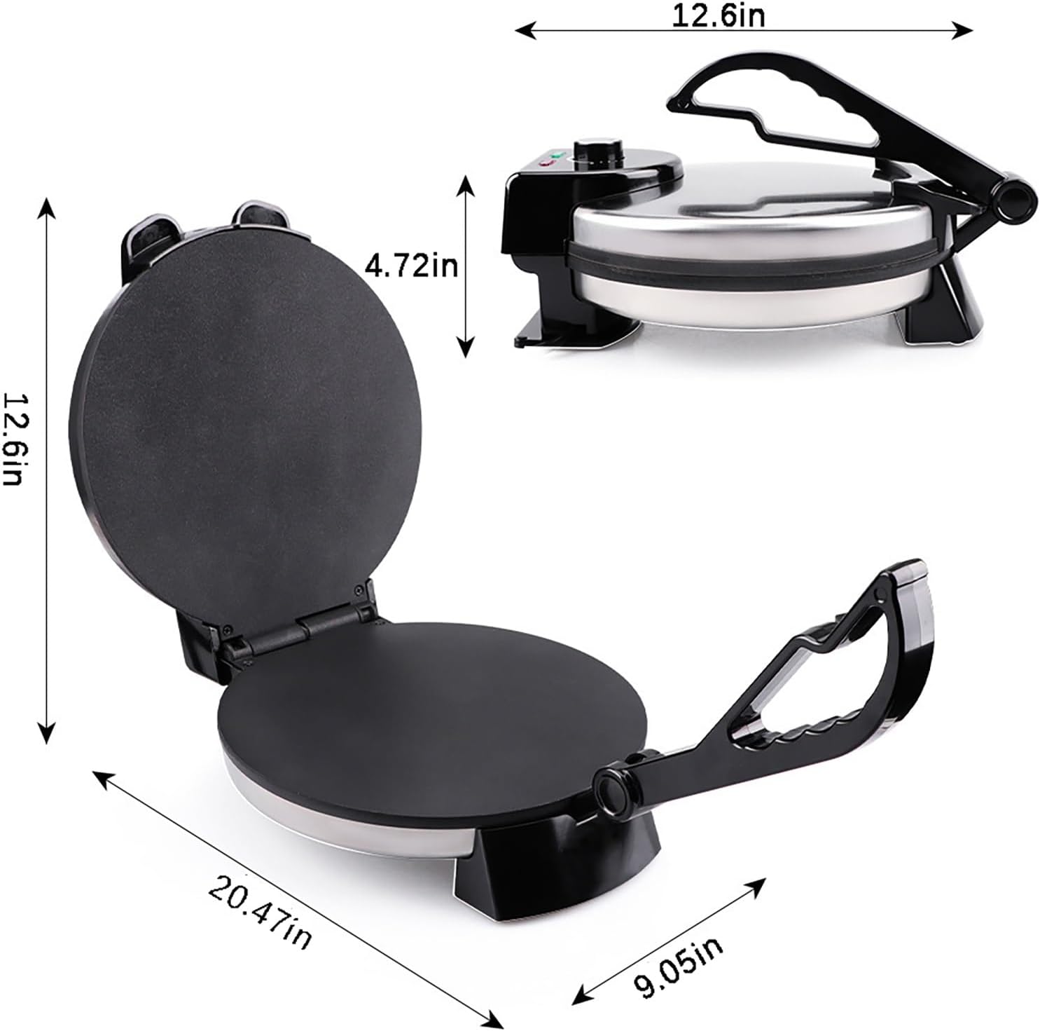Electric Roti Maker– Non-Stick Chapati Press with Adjustable Temperature, Double-Sided Heating, Anti-Scald Handle & Indicator Lights, 10 Inch Tortilla Crepe Pancake Machine
