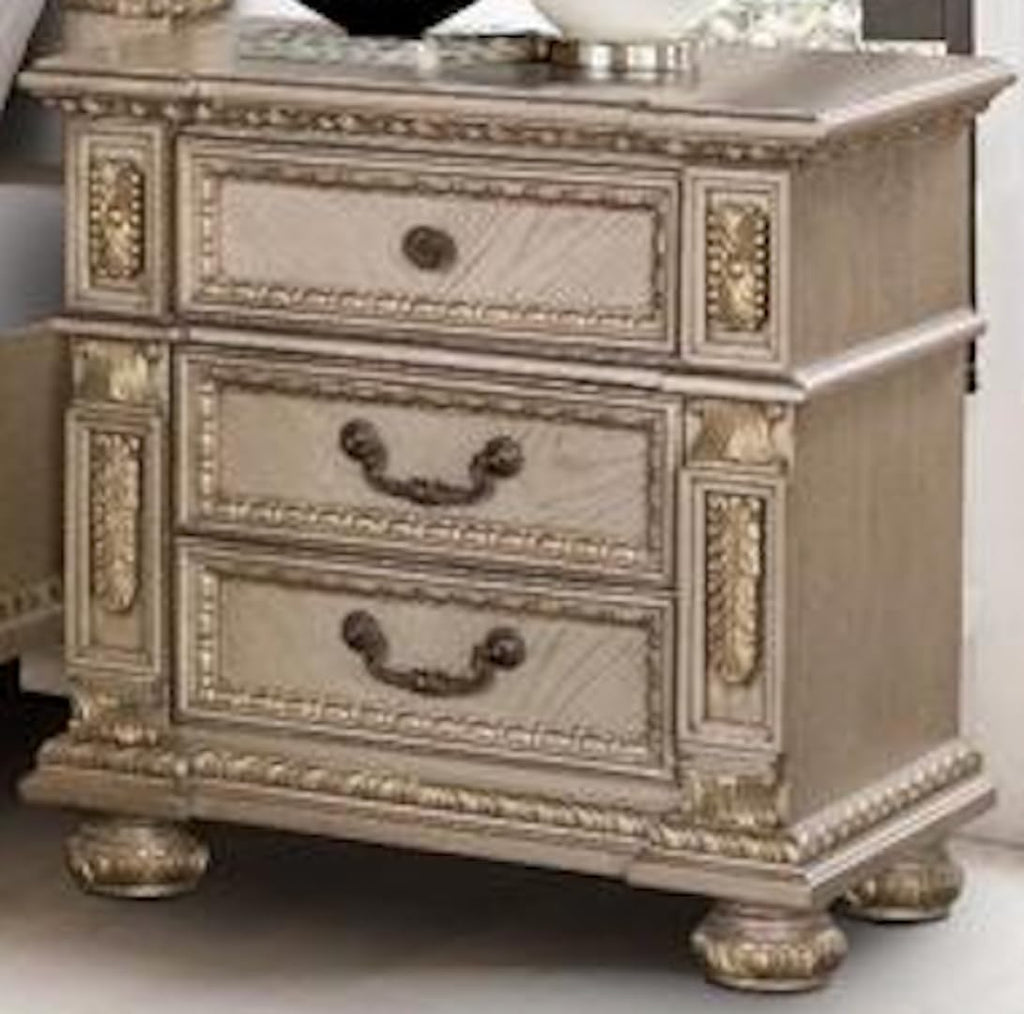 First of a Kind Carolina Gold Finish Traditional 5 Piece Queen Bedroom Set with Upholstered Tufted Headboard Ornate European Inspired Design Coordinated Furniture Collection