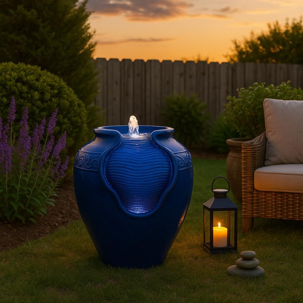 Teamson Home Outdoor Water Fountain, Glazed Pot Ceramic Look with LED Lights & Pump, Royal Blue, 16.93' Patio Garden Water Feature, Cascading Zen Fountain for Backyard, Porch, Deck, Home Decor