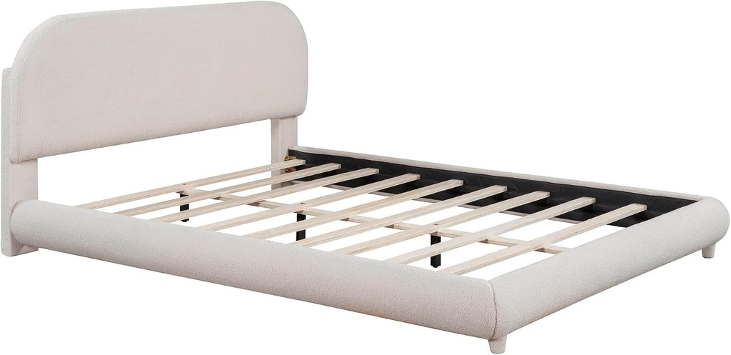 KLMM Teddy Fleece Queen Size Upholstered Platform Bed with Thick Fabric, Solid Frame and Stylish Curve-Shaped Design,for Kids Teens Adults Bedroom (Beige@Teddy Fleece, Queen)