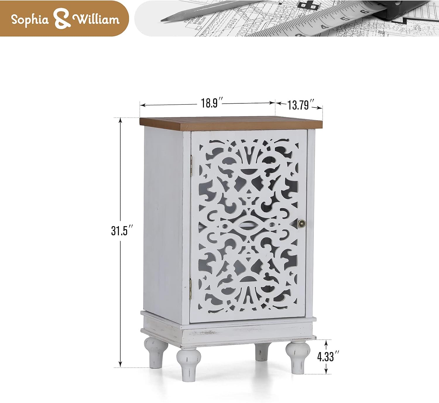 Sophia & William Accent Cabinet Small with Single Door, 31.5' Tall Side End Table, Distressed Nightstand with Wooden Frame and Hollow Carved Door, White