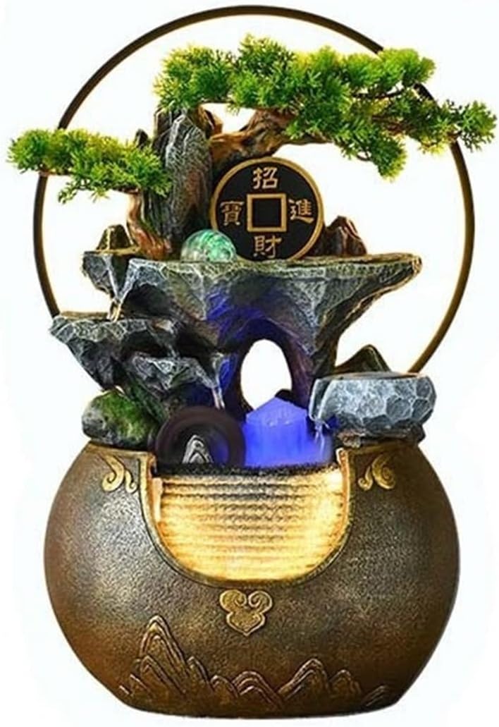 Tabletop Fountain Waterfall Tabletop Water Fountain Rockery with Waterfall and Decorative Piece for Home Office Decor(Brown)