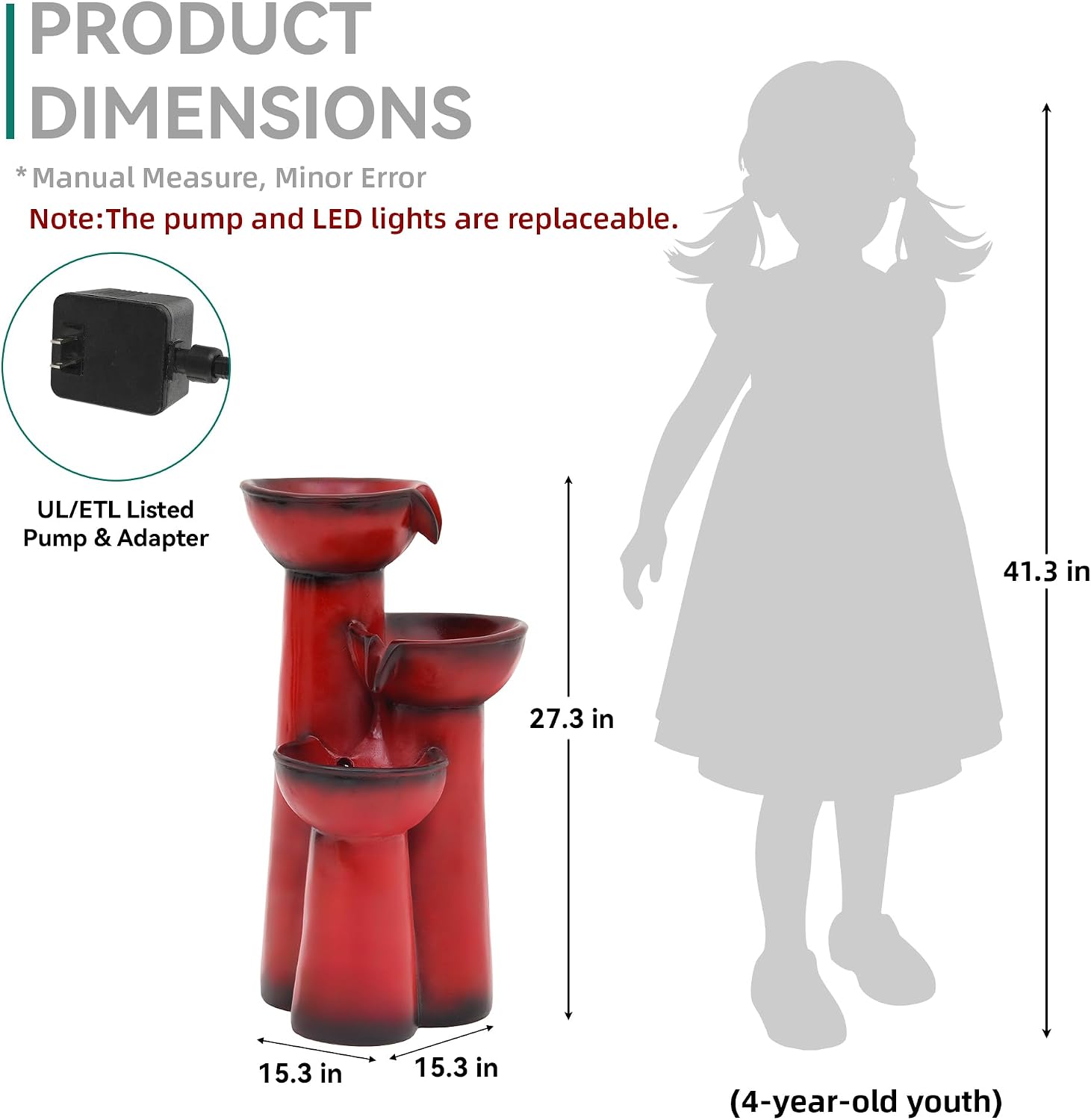 27' Outdoor Water Fountain with LED Lights, 3-Tier Cascading Faux Ceramic Column Water Feature with Pump for Garden Patio Backyard, Weather-Resistant Resin Waterfall for Serene Oasis, Red