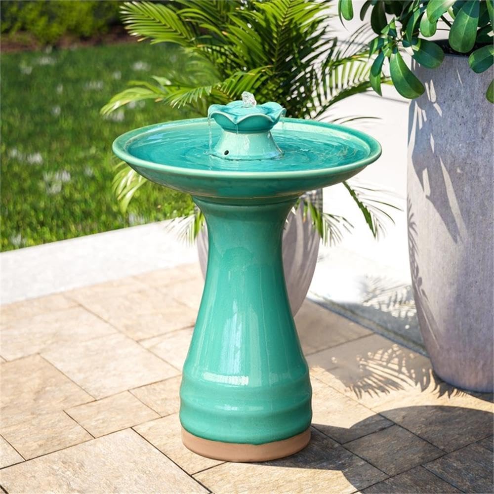 LuxenHome 22 Inch Ceramic Bird Bath Fountain, Elegant Glazed Outdoor Water Feature with Lotus Design, Freestanding Waterfall Birdbath Garden Water Fountain for Backyard, Patio