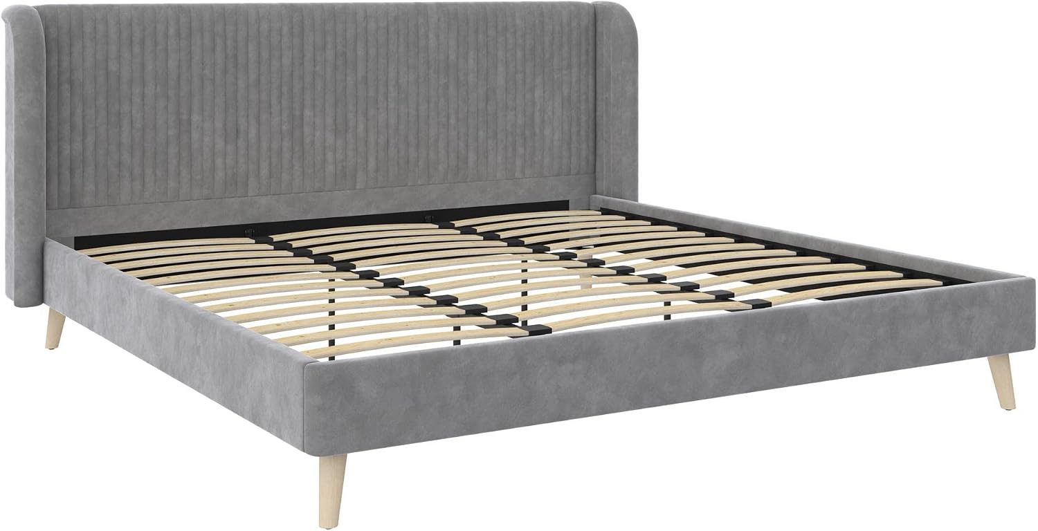 Novogratz Holly Upholstered Wingback Bed Frame, King, Light Gray Velvet