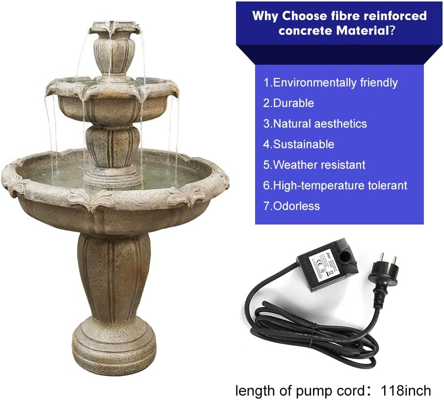 SunJet 48' High Modern Concrete Outdoor Water Fountain - 3 Tiered Large Floor Water Fountain and Waterfalls with Electric Pump for Garden, Patio, Yard, and Deck Decor, Featuring Natural Stone Look