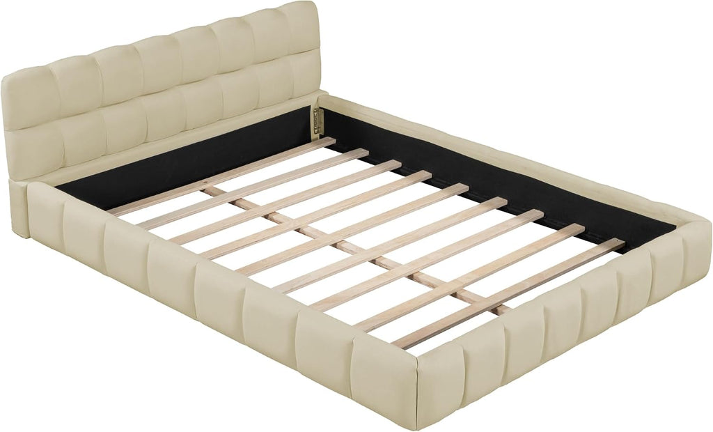 Queen Size Upholstered Platform Bed with Thick Fabric, Grounded Bed with Solid Frame,for Kids Teens Adults Bedroom Use (Beige@Grounded, Queen)