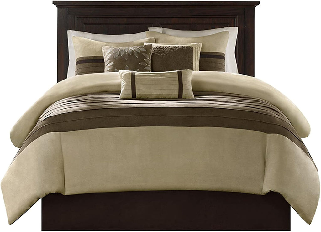 Madison Park Cozy Comforter Set-Luxury Faux Suede Design, Striped Accent, All Season Down Alternative Bedding, Matching Shams, Decorative Pillow, Natural, California King (104 in x 92 in)