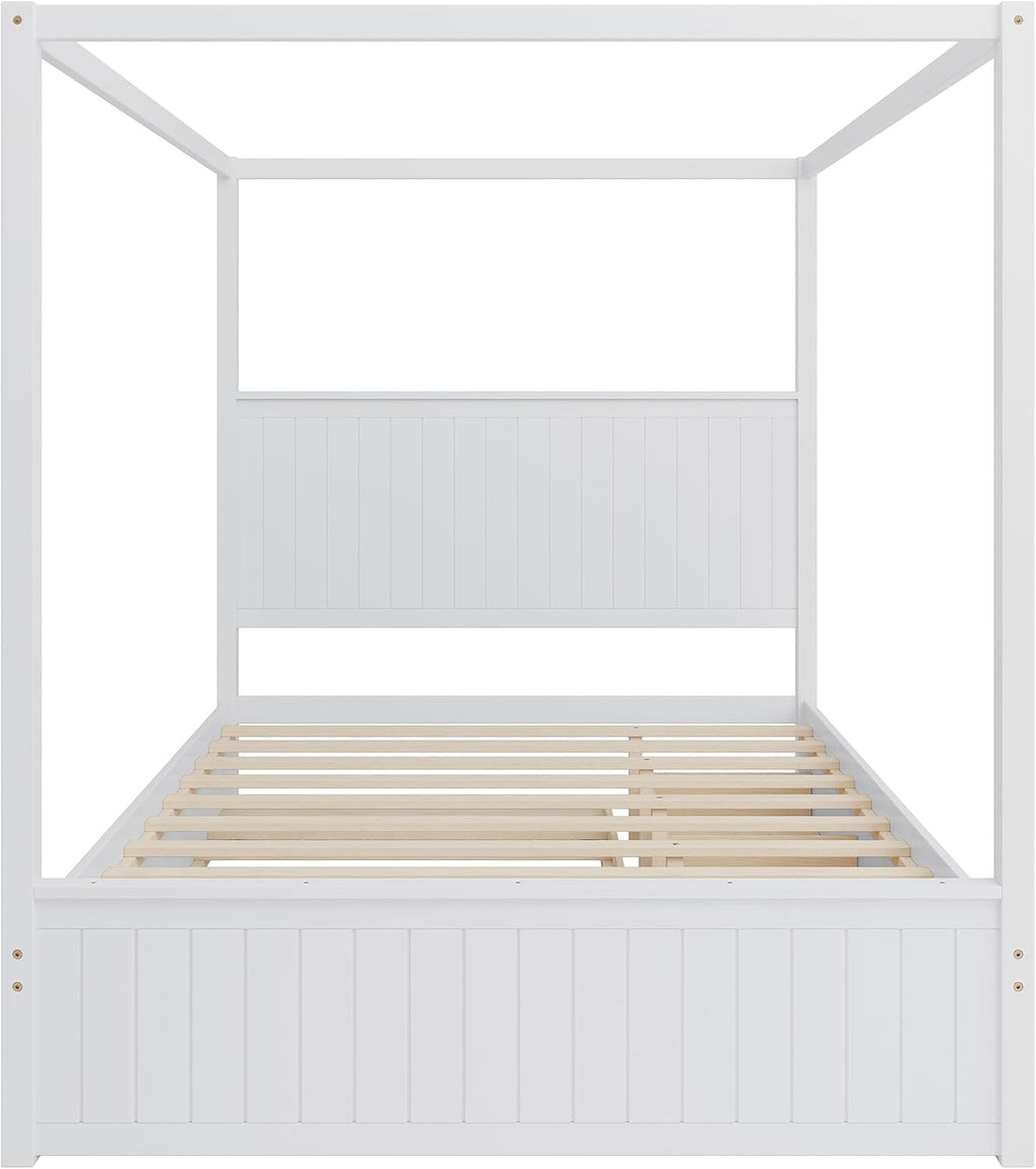 Queen Size Canopy Bed with Trundle and Three Storage Drawers, 4-Post Wood Bed Frame with Headboard, No Box Spring Needed (White)
