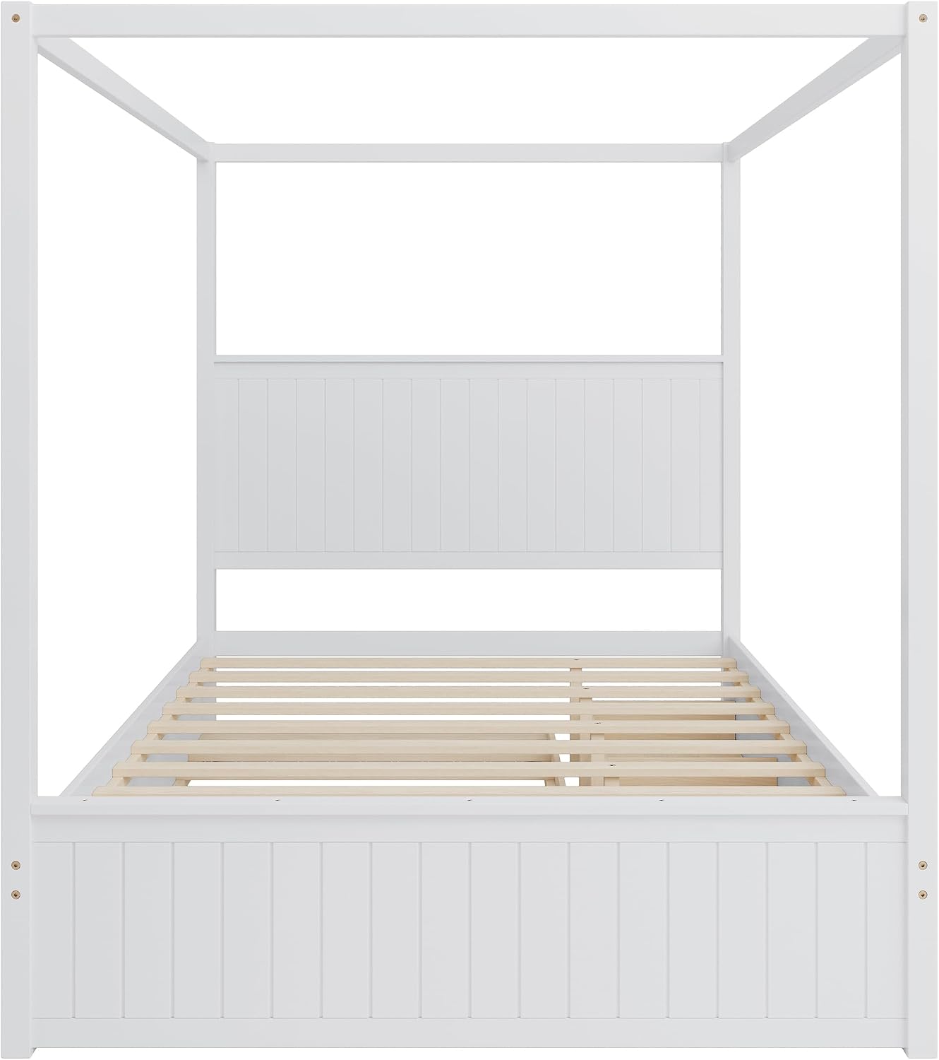 Queen Size Canopy Bed with Trundle and Three Storage Drawers, 4-Post Wood Bed Frame with Headboard, No Box Spring Needed (White)