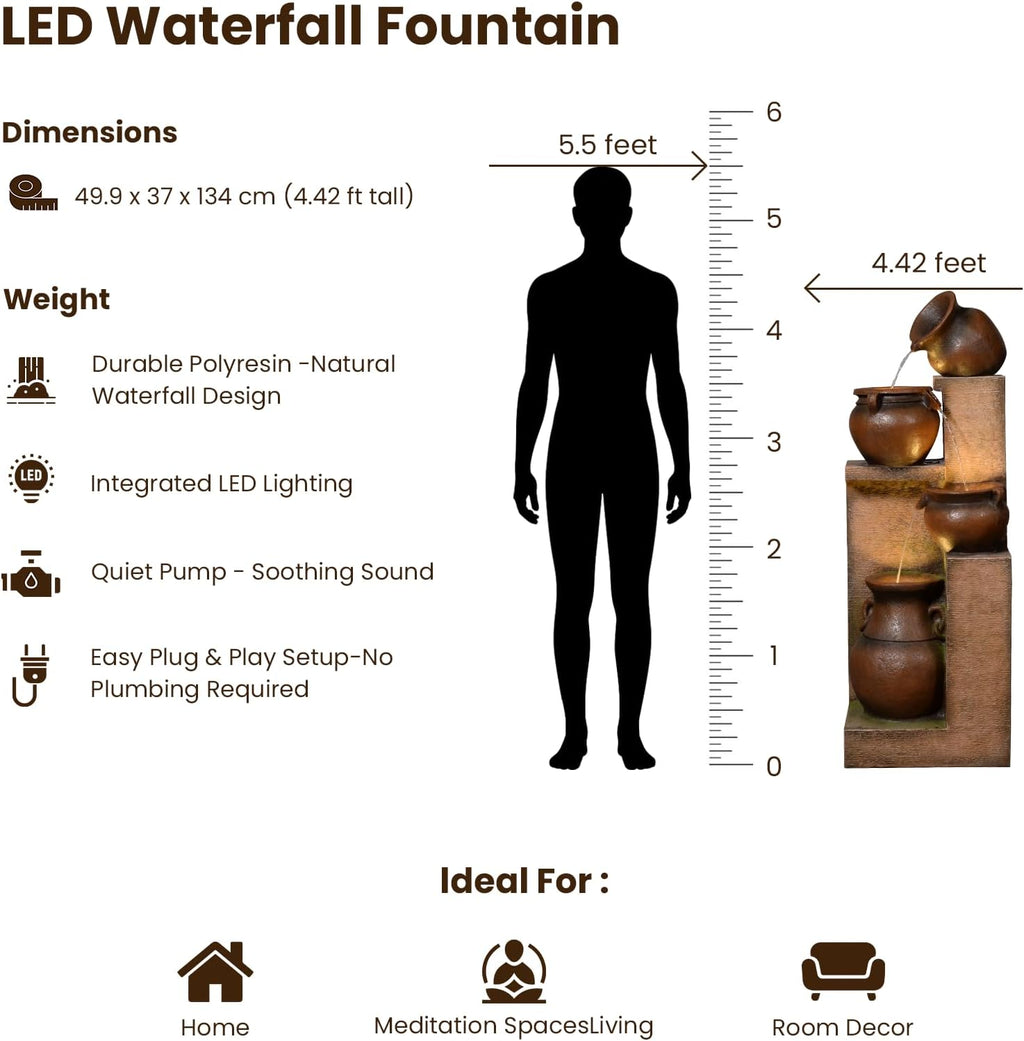 Resin Outdoor Water Fountain 4-Tier Jar Waterfall - Quiet Pump, LED Lights, Rustic Jar Cascading Water Feature for Garden Patio Backyard Decor, 53' H Fountain, Gold
