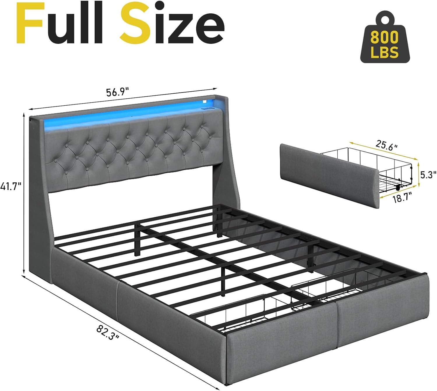 SADENICEL Full Size Bed Frame with Storage Headboard and 2 Drawer, Metal Full Bed Frame Platform with LED Light, Charging Station, No Box Spring Needed, Noise Free, Easy Assembly, Grey