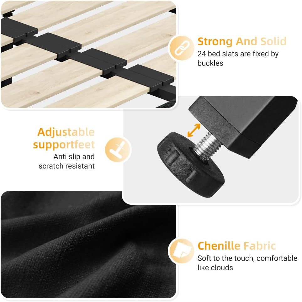 King Size Platform Bed Frame, Tufted Headboard with Extra-Large Ultra-Soft Cloud Pillow Design, Chenille Platform Bed with Metal and Wooden Slats Double Support, No Box Spring Needed (Black-King,7)