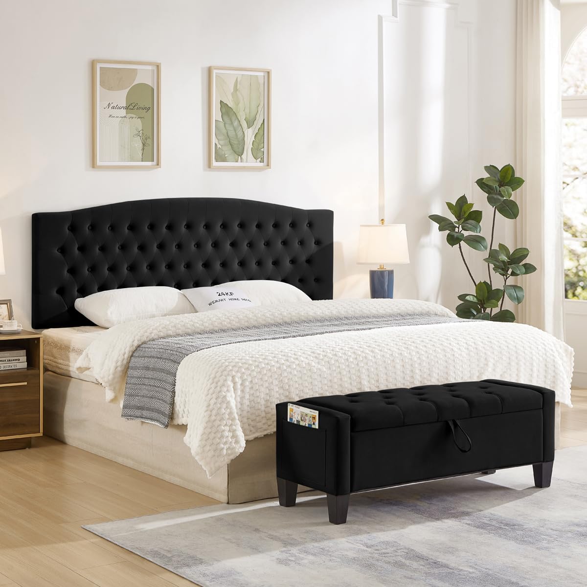 24KF Upholstered Tufted Button Velvet Wall Mounted Headboard,Comfortable Fashional Headboard King/CA King Size, 6058-K-Black