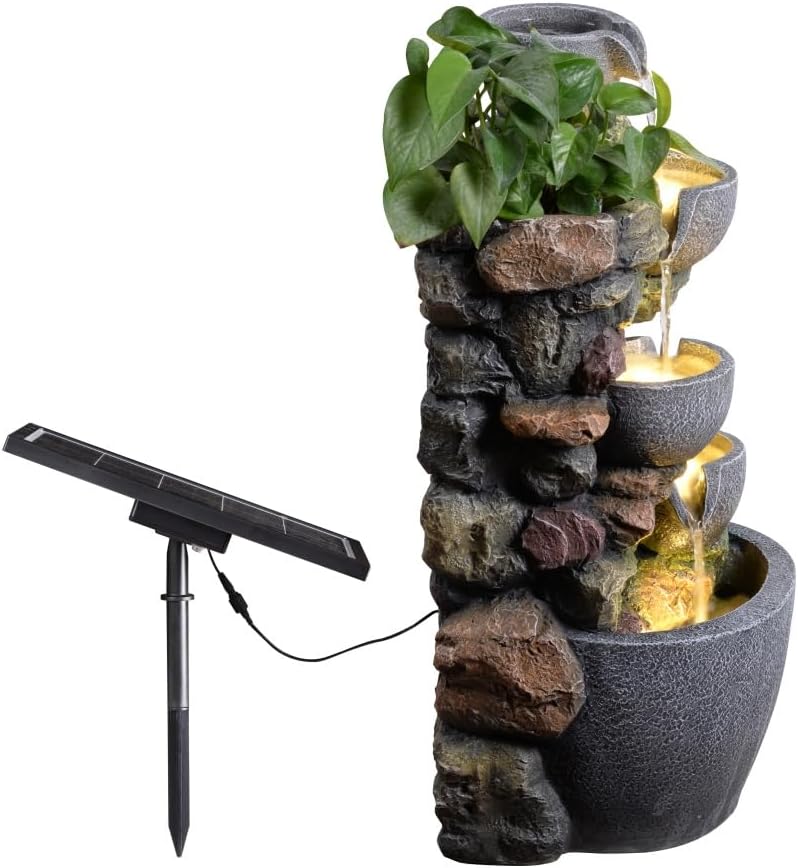 Solar Powered Water Fountain Outdoor, DIY Planter Pot Waterfall Fountain with LED Lights, Relaxing Water Feature Landscape Decor for Garden, Patio, Backyard, Home Decoration