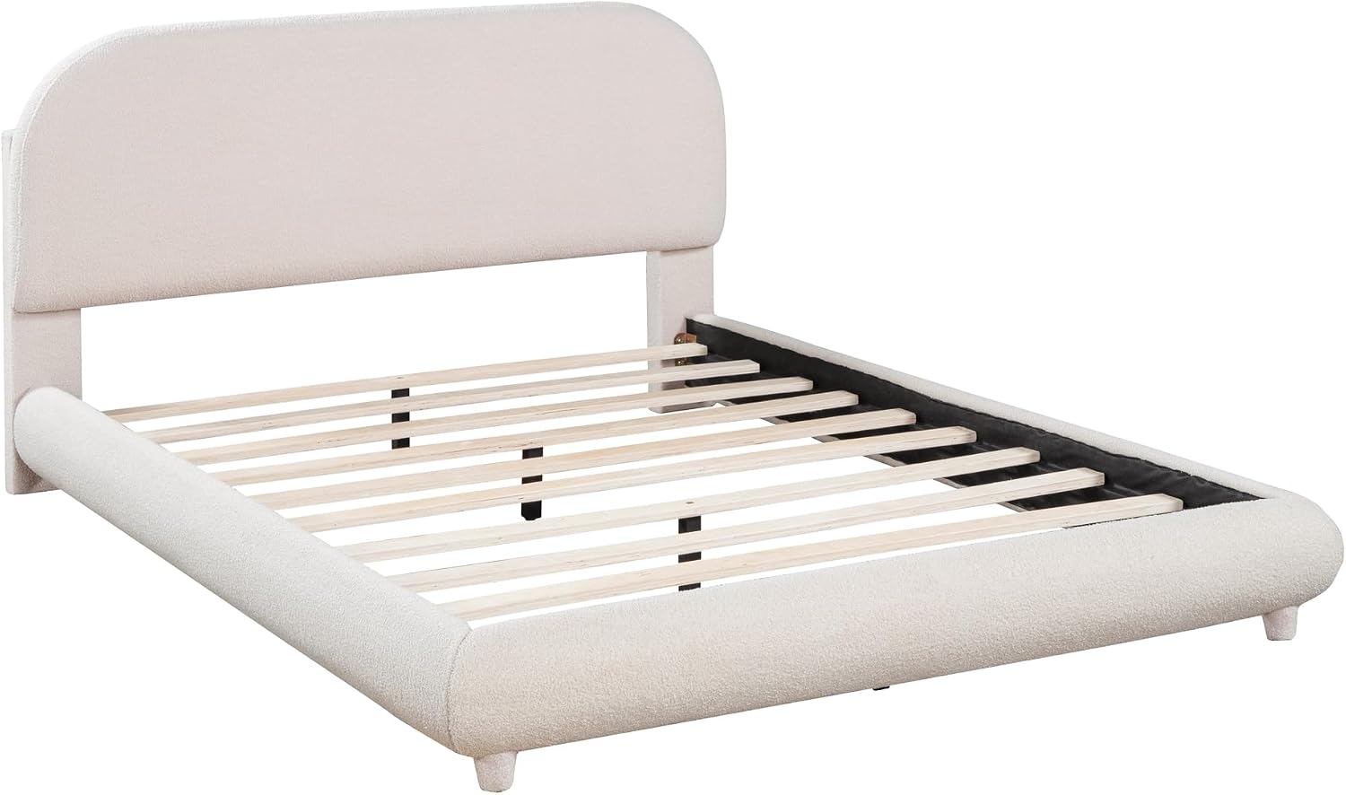 KLMM Teddy Fleece Full Size Upholstered Platform Bed with Thick Fabric, Solid Frame and Stylish Curve-Shaped Design,for Kids Teens Adults Bedroom (Beige@Teddy Fleece/, Full)