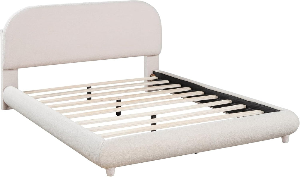 Merax Teddy Fleece Full Size Upholstered Platform Bed with Thick Fabric, Solid Frame and Stylish Curve-Shaped Design, Beige